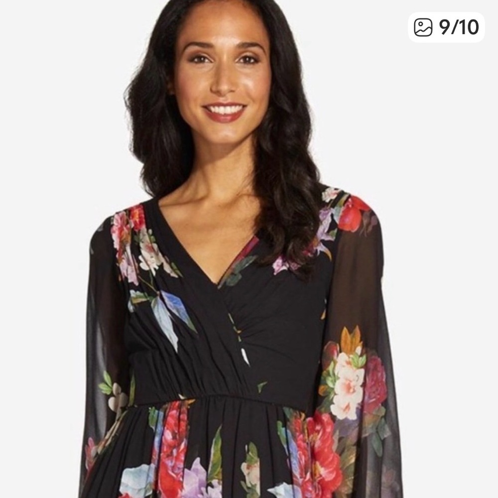 Adrianna Papell Floral Chiffon Maxi Dress Gown Sz 10 Dark Romantic Garden Party - Picture 2 of 15